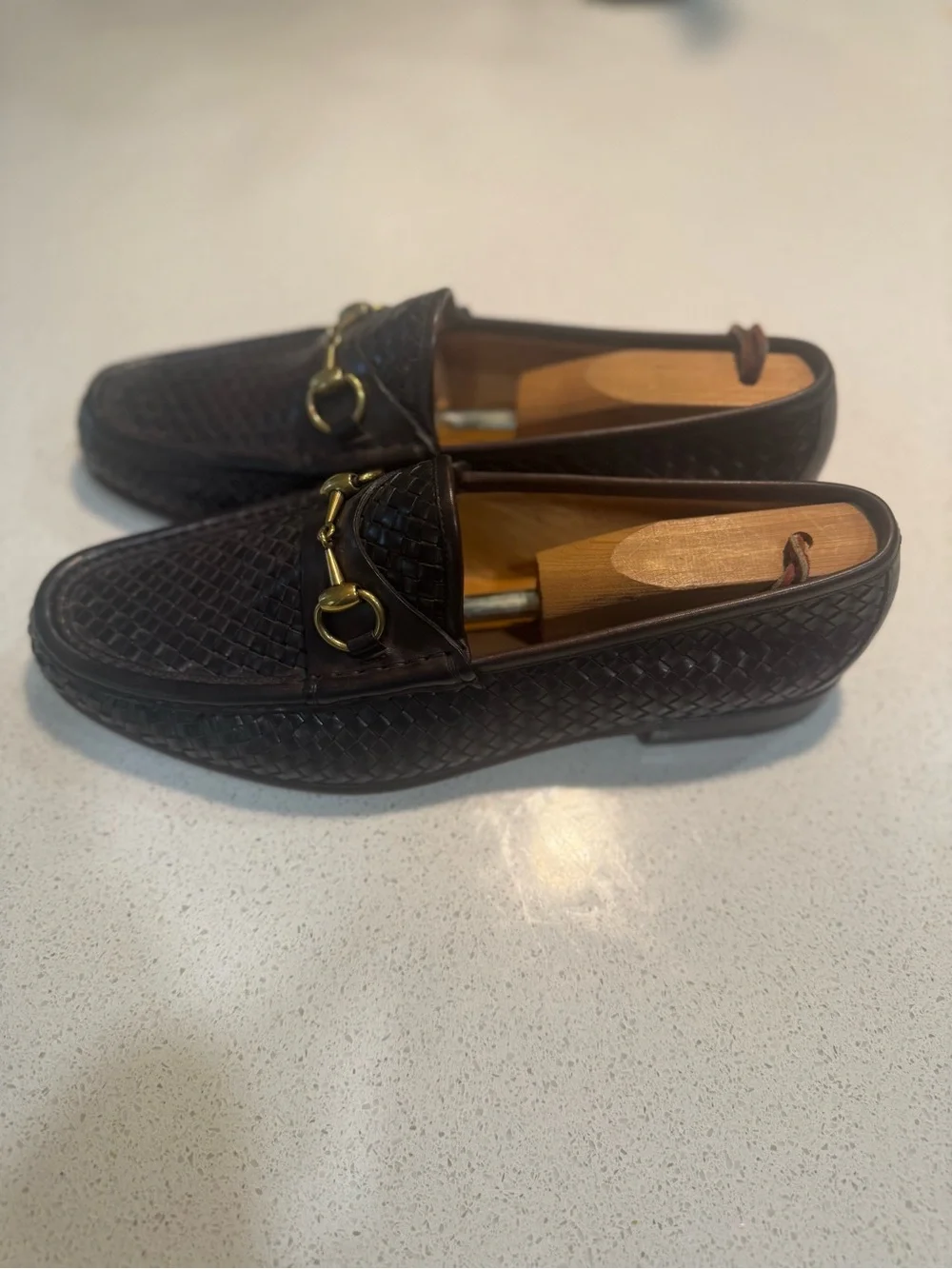 Gucci Woven Leather HorseBit Loafers - Dark Brown  9